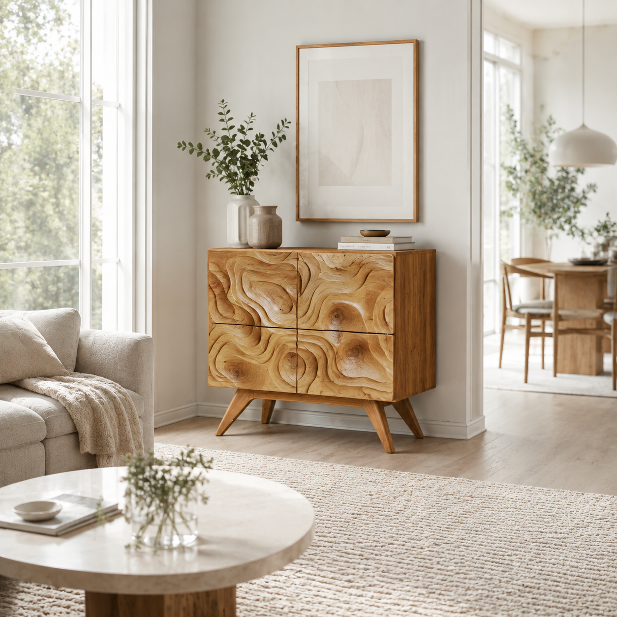 Topographic Carved Wood Accent Cabinet
