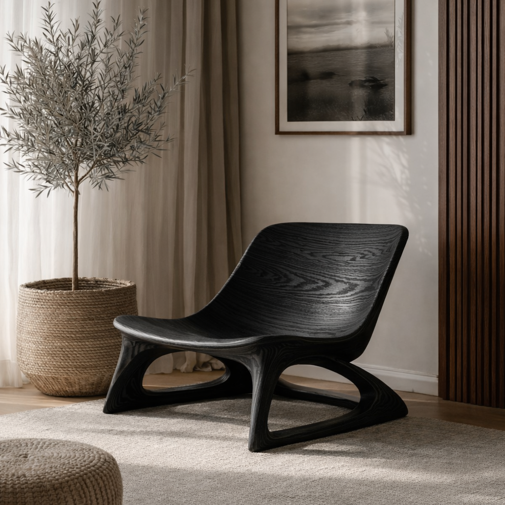 Curved Solid Wood Lounge Chair with Upholstered Seat – Modern Accent Chair