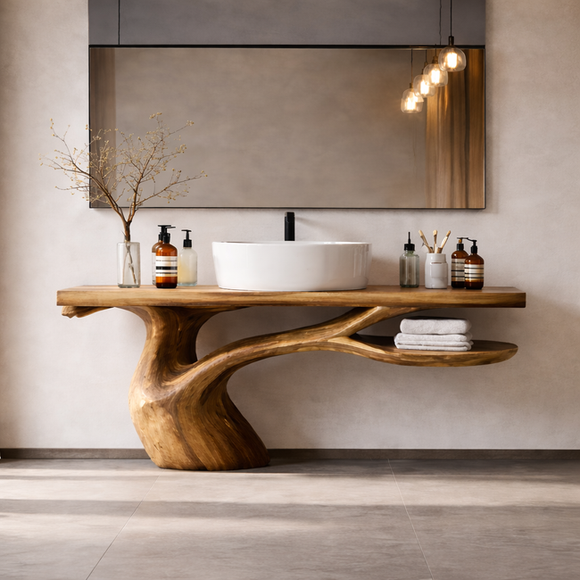 Organic Flow Wooden Bathroom Vanity with Large Mirror – Wall-Mount Design Hover Image