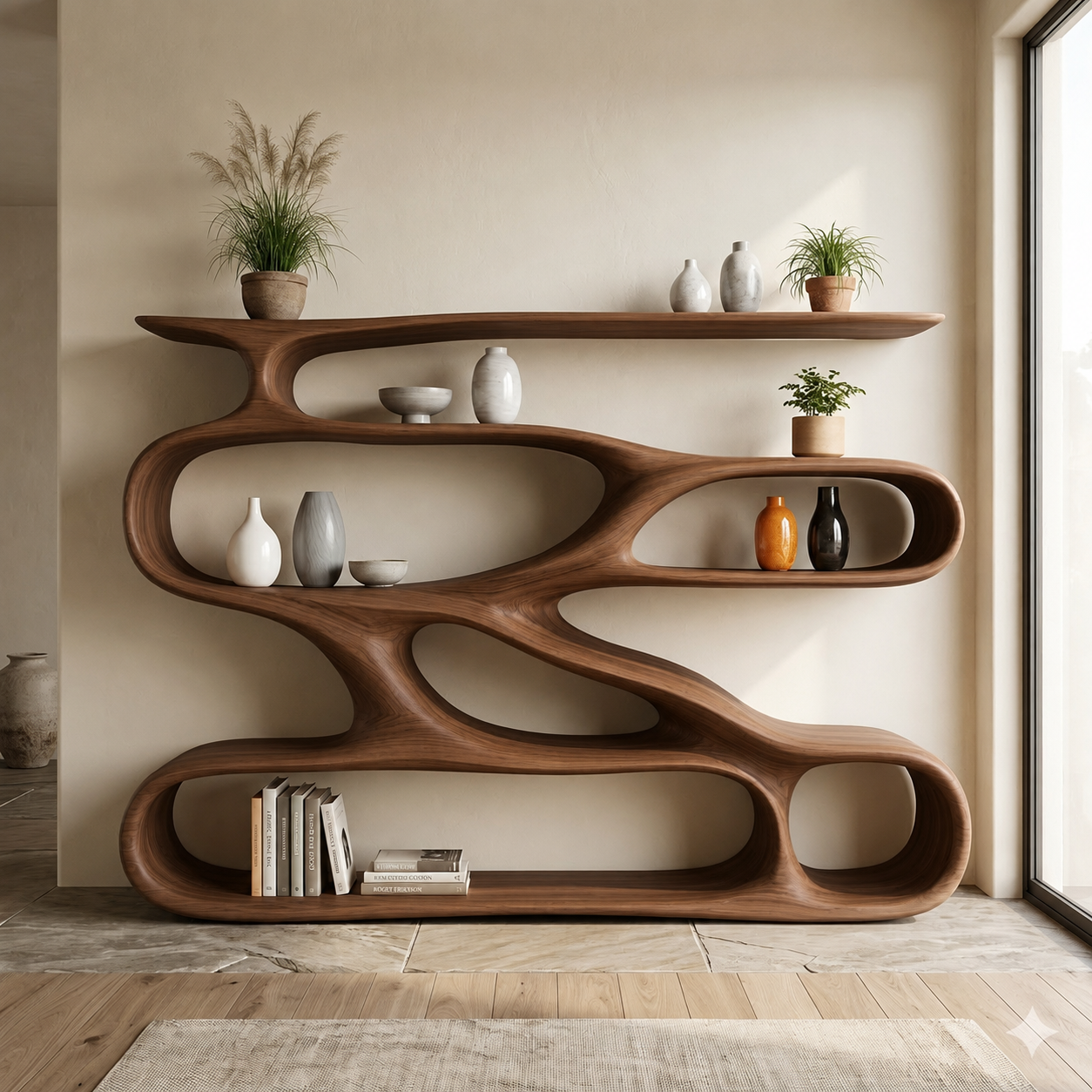 Wavy Bookcase – Sculptural Solid Wood Display Shelf