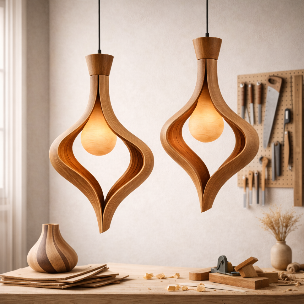 Sculptural Wooden Pendant Light – Organic Hanging Lamp for Modern Interiors