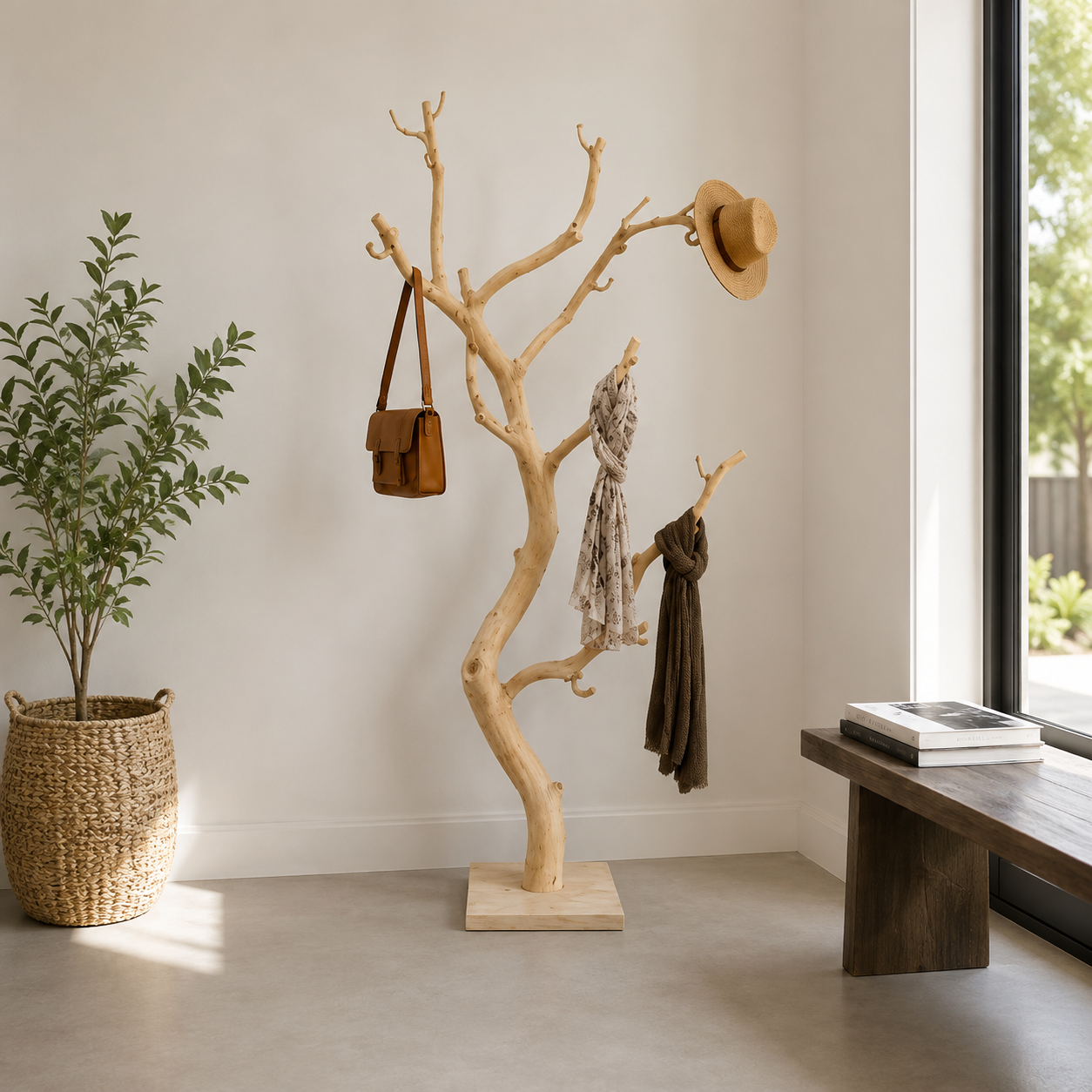 Tree Branch Wood Coat Rack – Solid Wood Entryway Hall Tree with Hooks for Home Decor