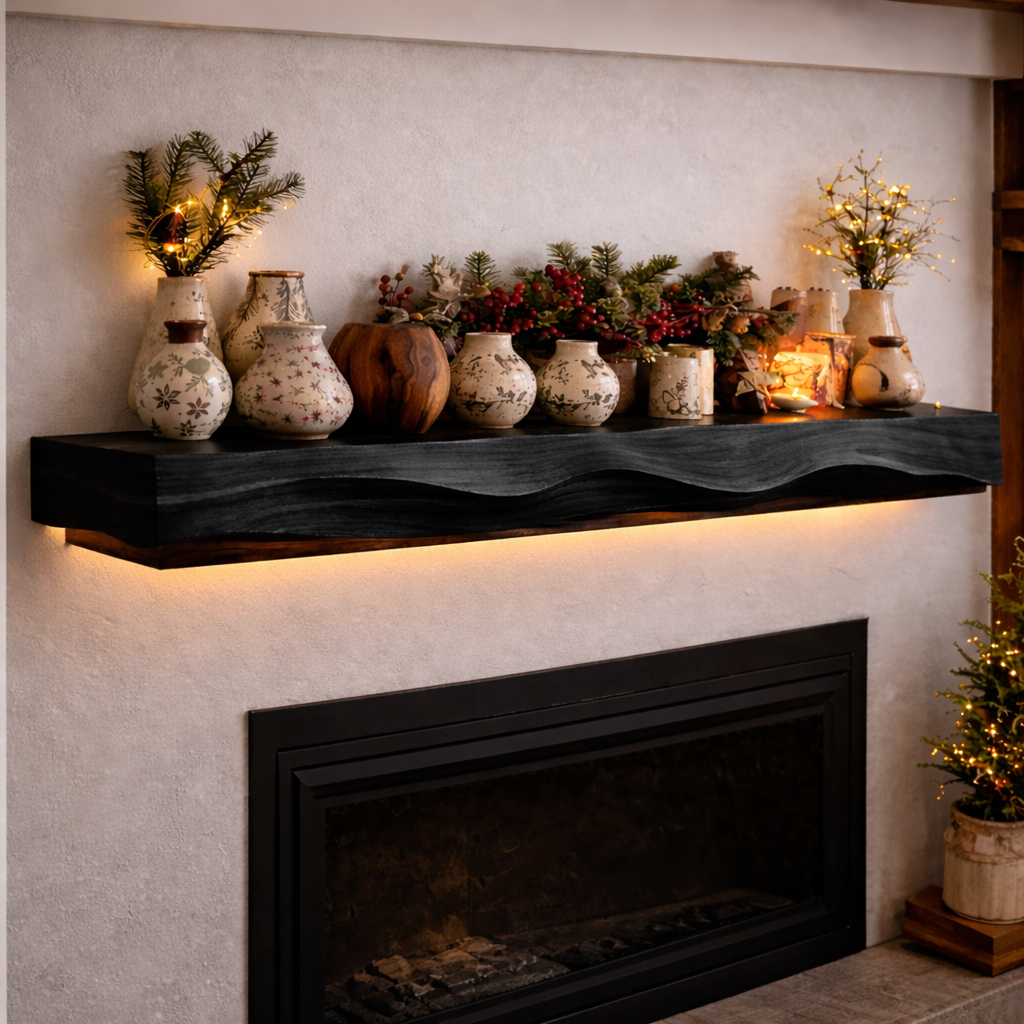 Solid Wood Live Edge Fireplace Mantel – Warm Rustic Accent Shelf