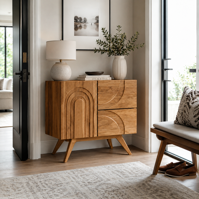 Arch Carved Wood Accent Cabinet Hover Image