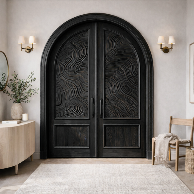 Arched Solid Wood Double Door | Hand-Carved Modern Luxury Entryway Door Main Image