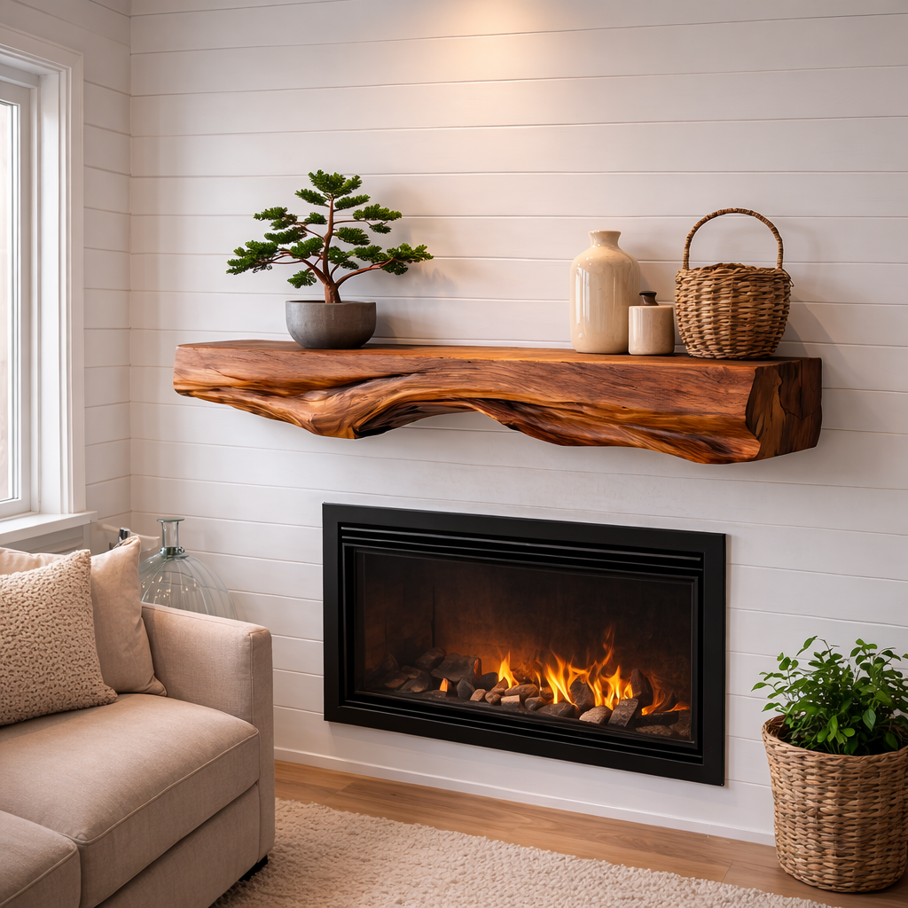 Live Edge Mantel Shelf – Rustic Solid Wood Floating Fireplace Shelf