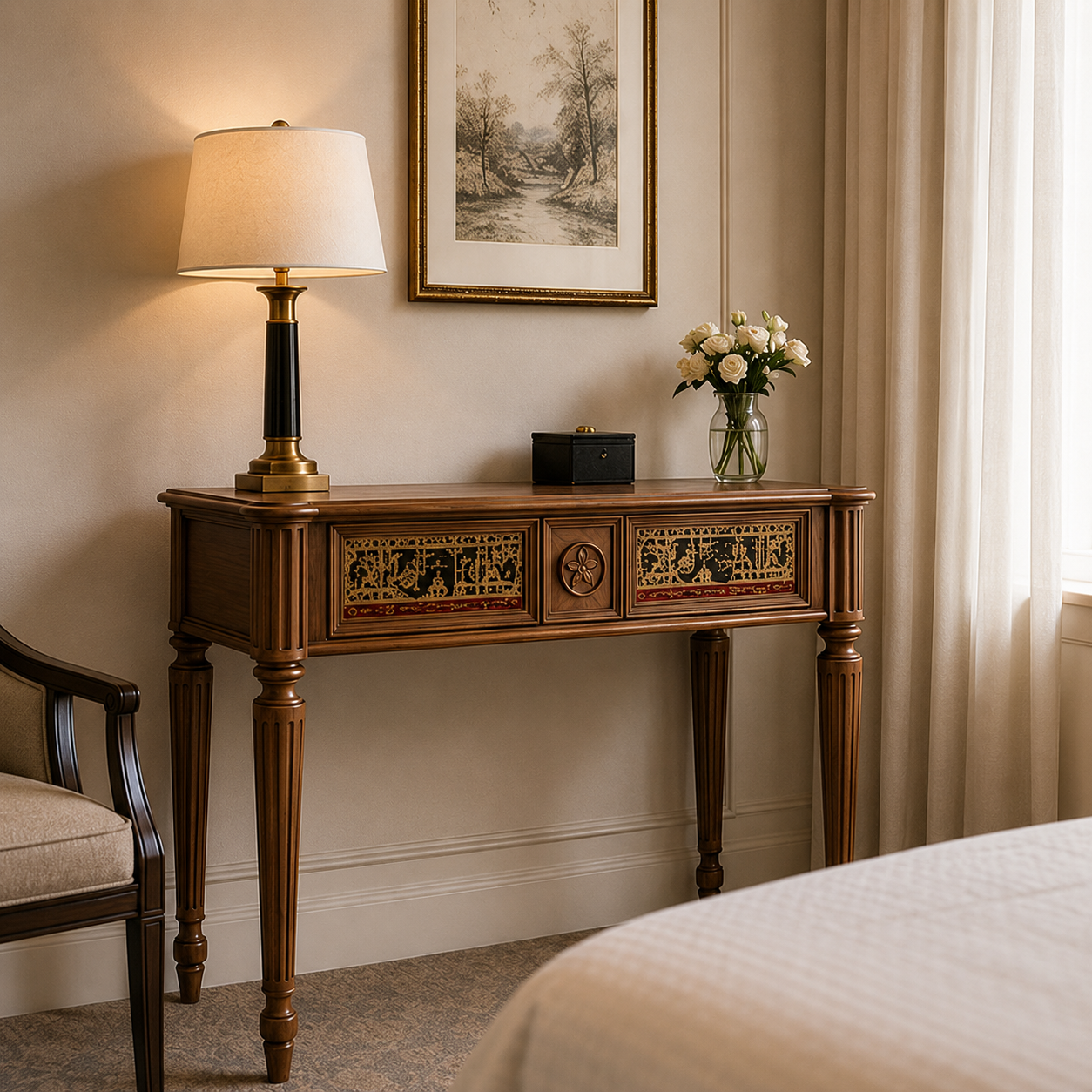 Classic Carved Wood Vanity Table with X-Frame Stool