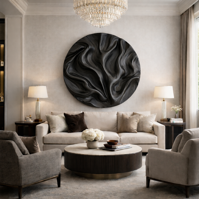 Hand-Carved Round Wooden Wall Art | Organic Wave Sculpture Wall Panel Main Image