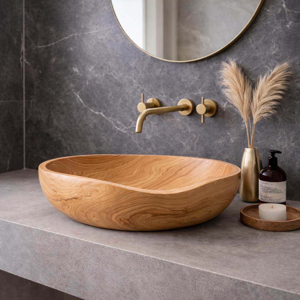 Handcrafted Wooden Round Sink - Elegant Bathroom Wash Basin