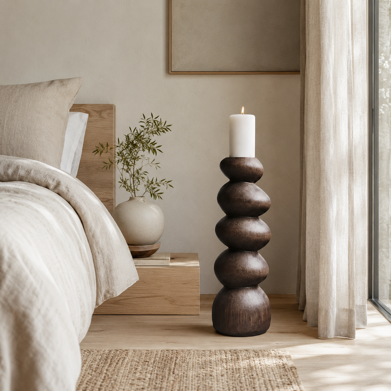 Stacked Wood Candle Holder – Solid Wood Sculptural Candle Stand for Living Room Decor