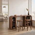 Curved Wood Bar Table Set – Solid Wood Breakfast Bar with Storage Shelves and Stools