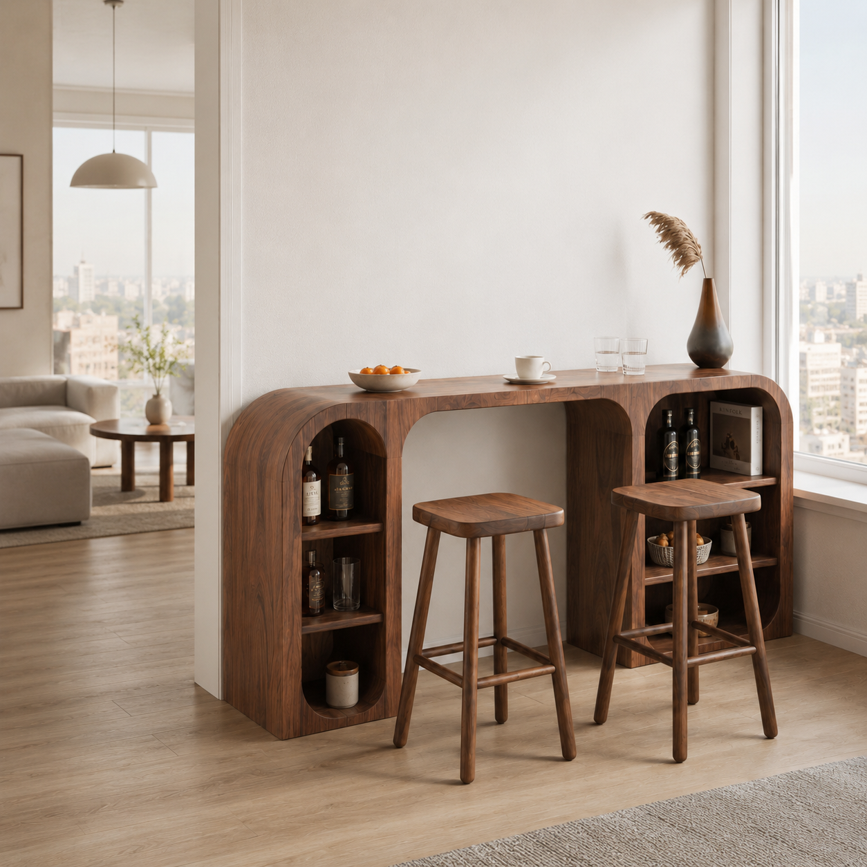 Curved Wood Bar Table Set – Solid Wood Breakfast Bar with Storage Shelves and Stools