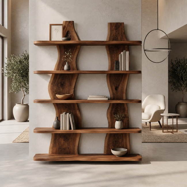 Wave Wood Bookshelf – Solid Wood Display Shelf for Living Room Decor Hover Image