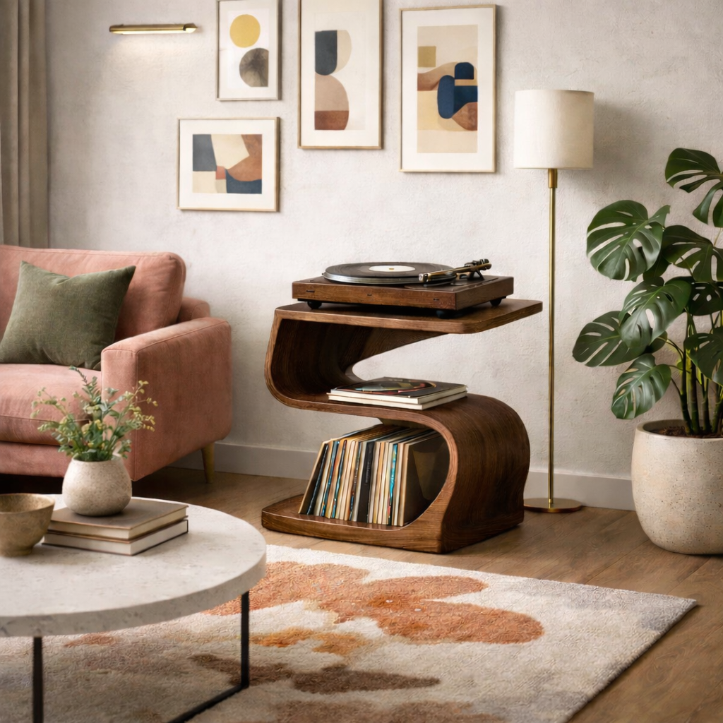 Record Player Stand – Sculptural Solid Wood Stand with Vinyl Storage