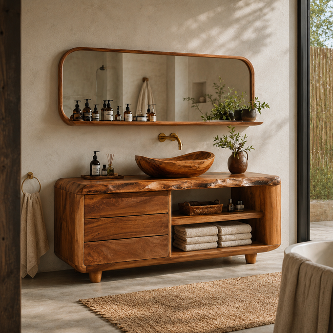 Live Edge Wood Bathroom Vanity – Solid Wood Sink Cabinet with Mirror Shelf for Bathroom Decor Main Image