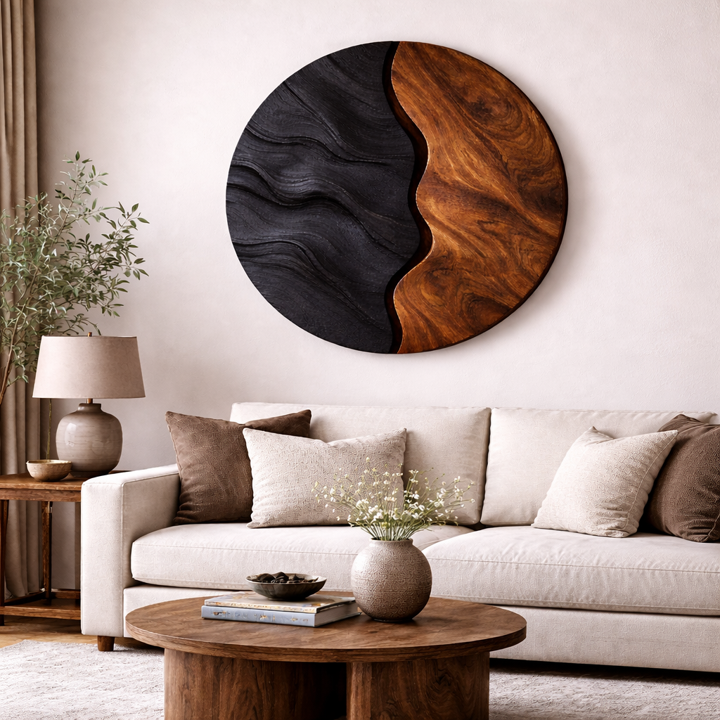 Round Wood Wall Art – Sculptural Black and Walnut Decor for Living Room