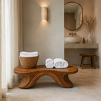 Curved Wood Bathroom Bench – Solid Wood Low Towel Bench for Spa Decor