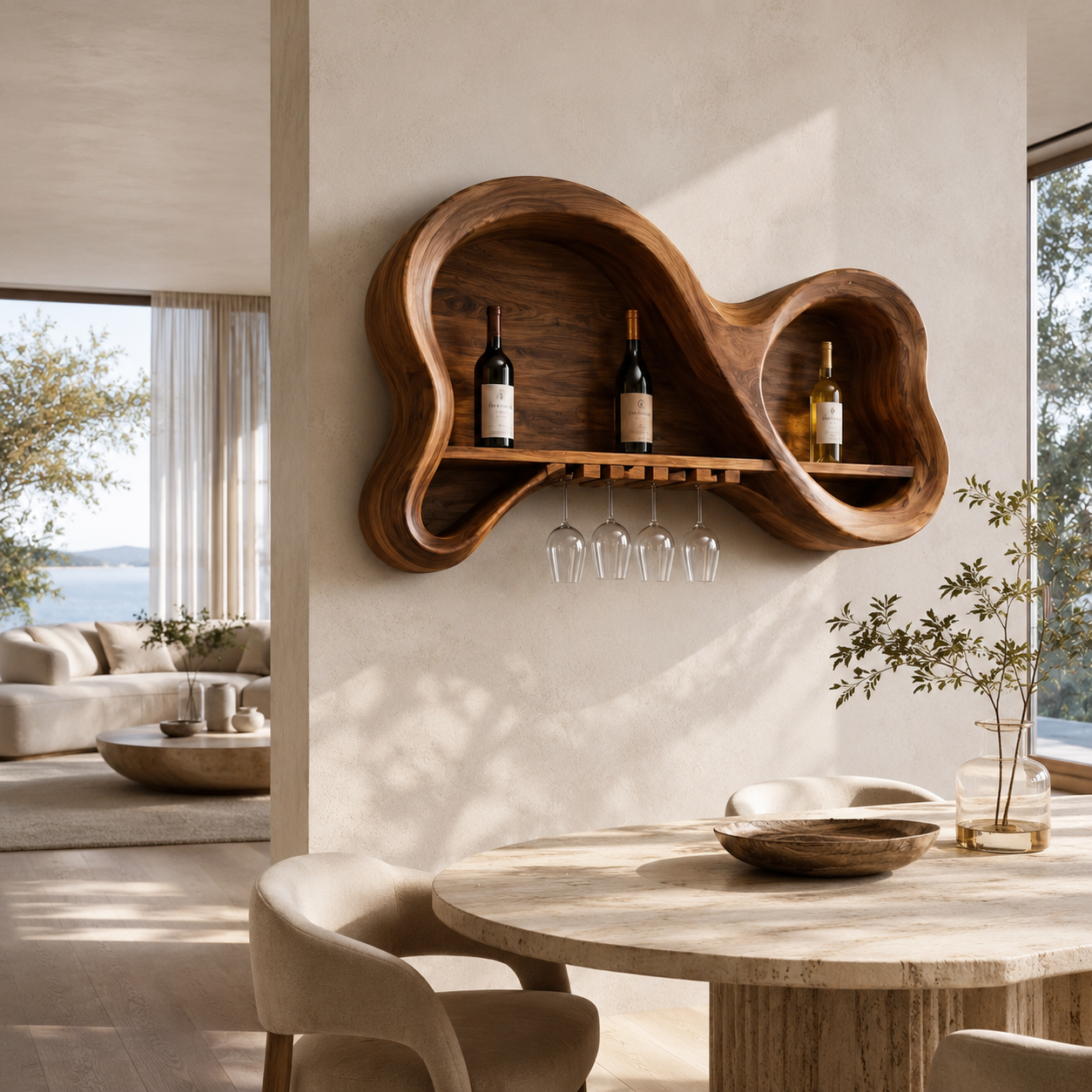 Wall-Mounted Wine Rack – Solid Wood Bottle Holder with Glass Storage