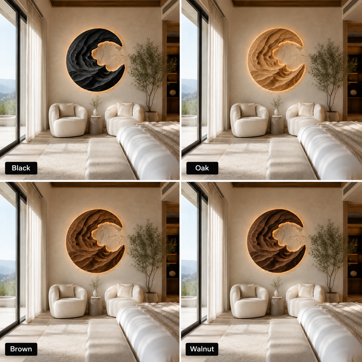 Round Wave Wood Wall Art – Solid Wood Backlit Wall Sculpture for Bedroom Decor