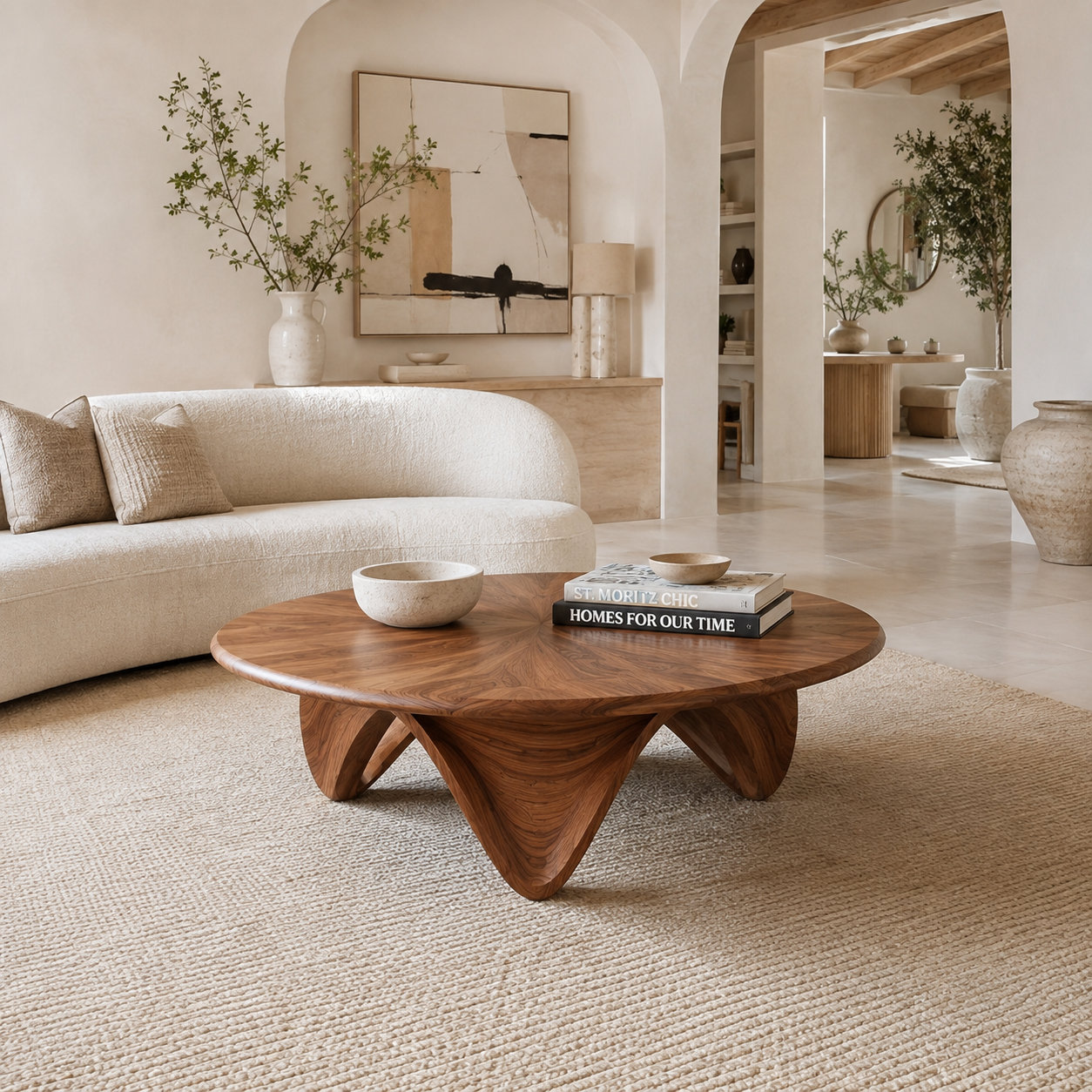 Sculptural Petal Base Wood Coffee Table