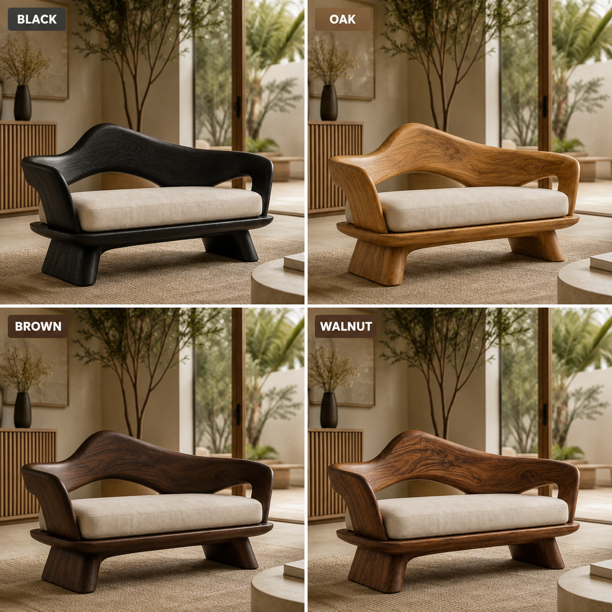 Sculptural Curved Back Wood Bench