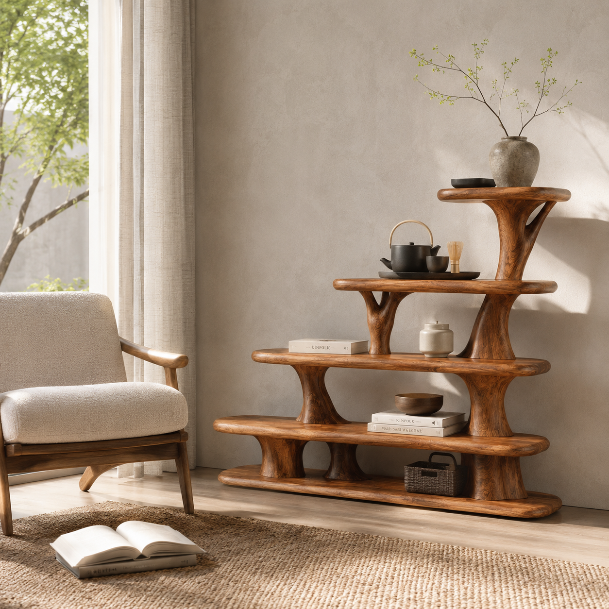 Sculptural Tiered Wood Display Shelf