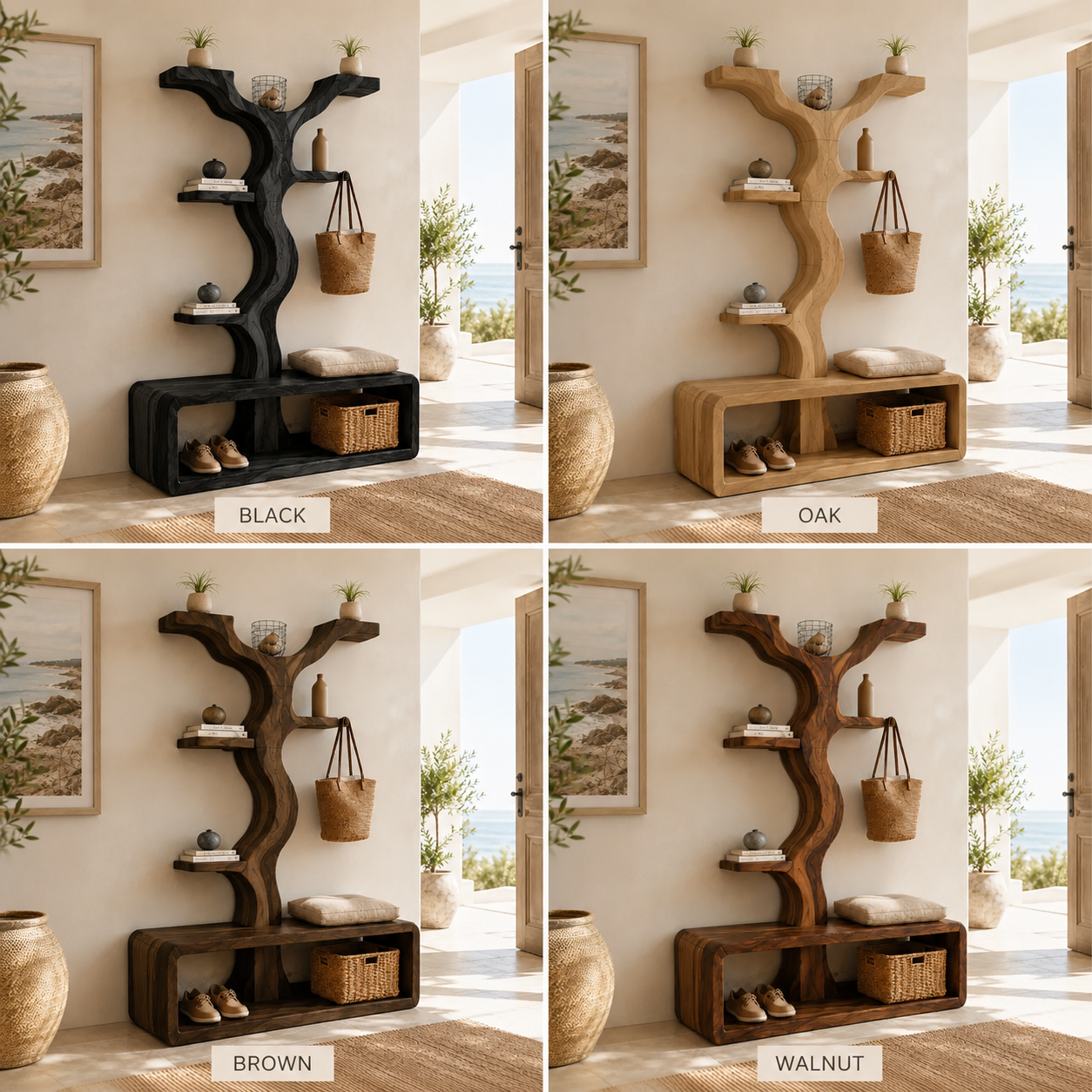 Wave Tree Entryway Hall Tree – Solid Wood Coat Rack Bench with Shelves and Shoe Storage