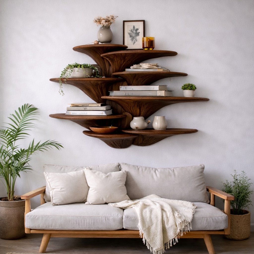 Solid Wood Layered Floating Shelves – Sculptural Organic Design