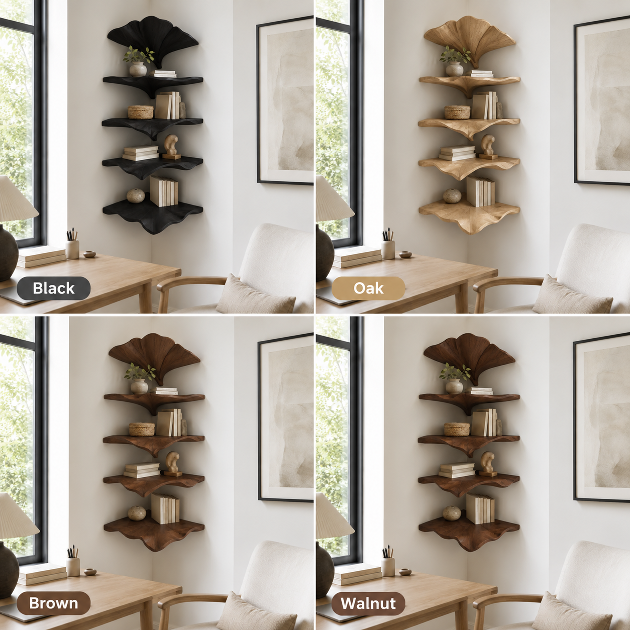 Ginkgo Leaf Wood Wall Shelf – Solid Wood Floating Display Shelf for Living Room Decor