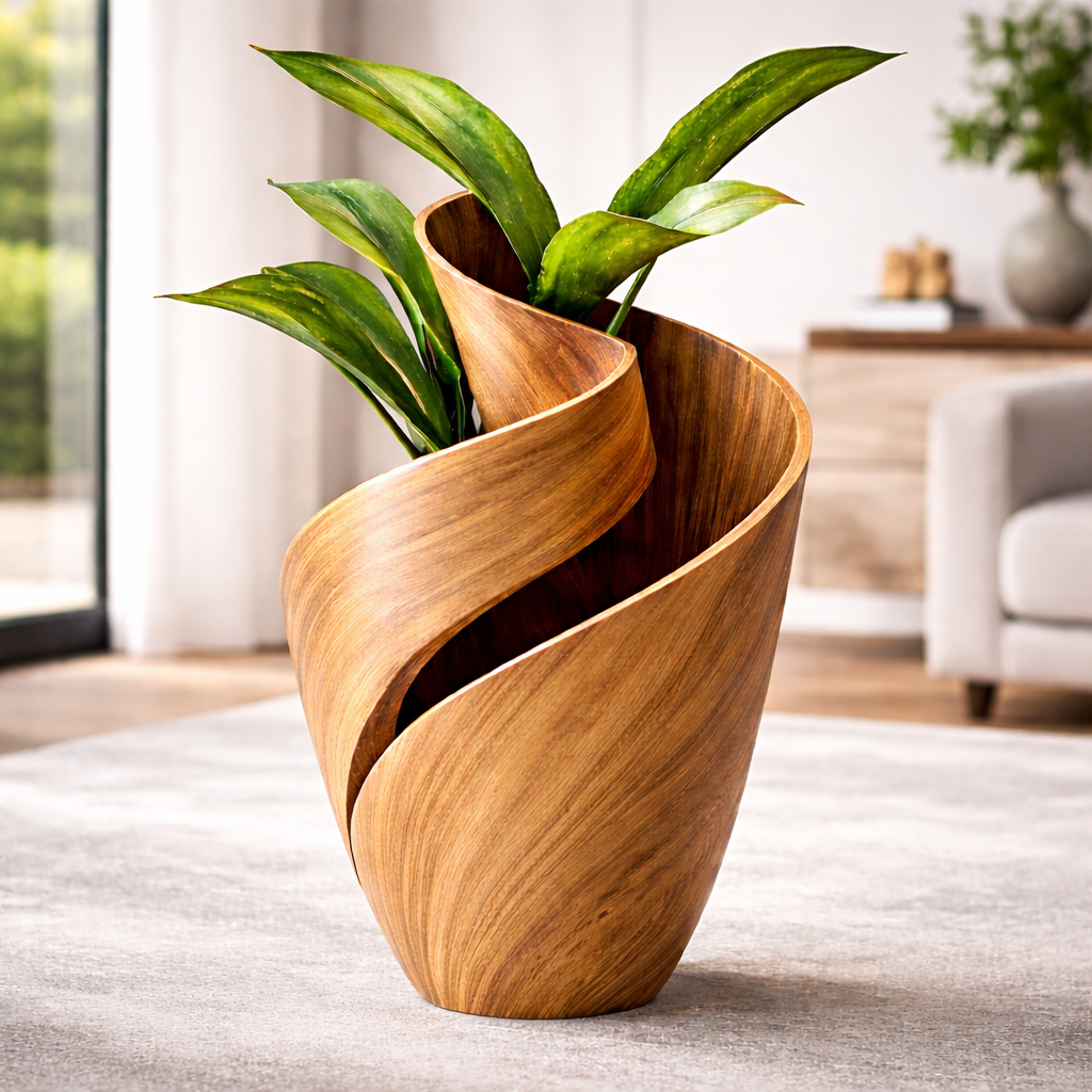 Sculptural Wooden Twist Vase with Greenery – Elegant Home Décor