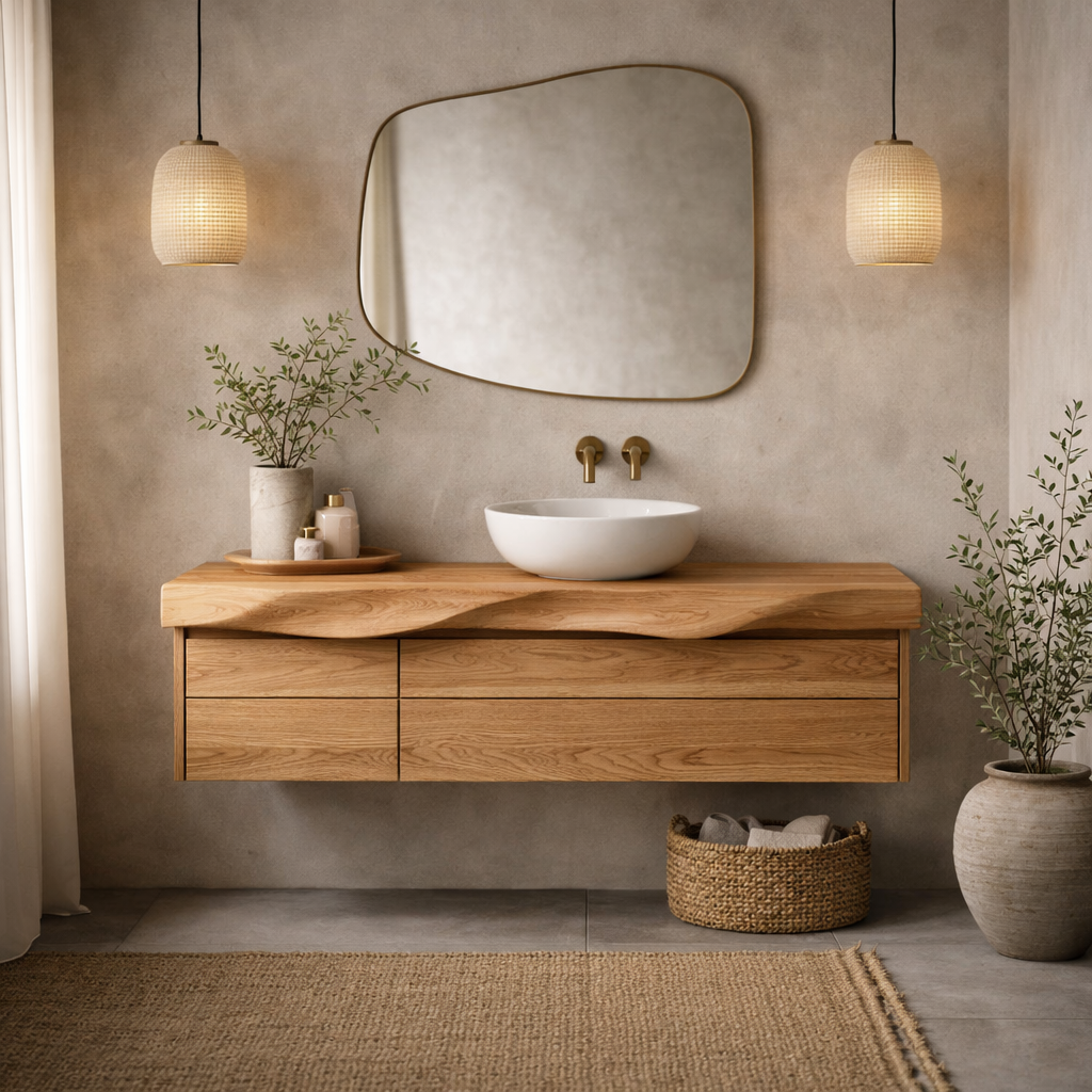 Modern Solid Wood Floating Bathroom Vanity with Sculpted Front