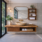 Bathroom Vanity – Modern Wooden Vanity with Mirror and Floating Shelves