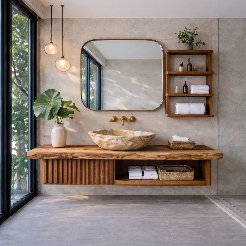 Bathroom Vanity – Modern Wooden Vanity with Mirror and Floating Shelves