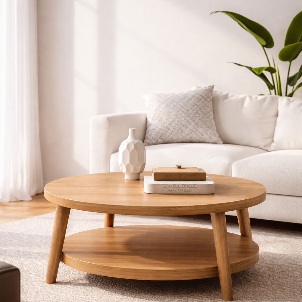 Scandinavian Round Solid Wood Coffee Table – Modern Two-Tier Design