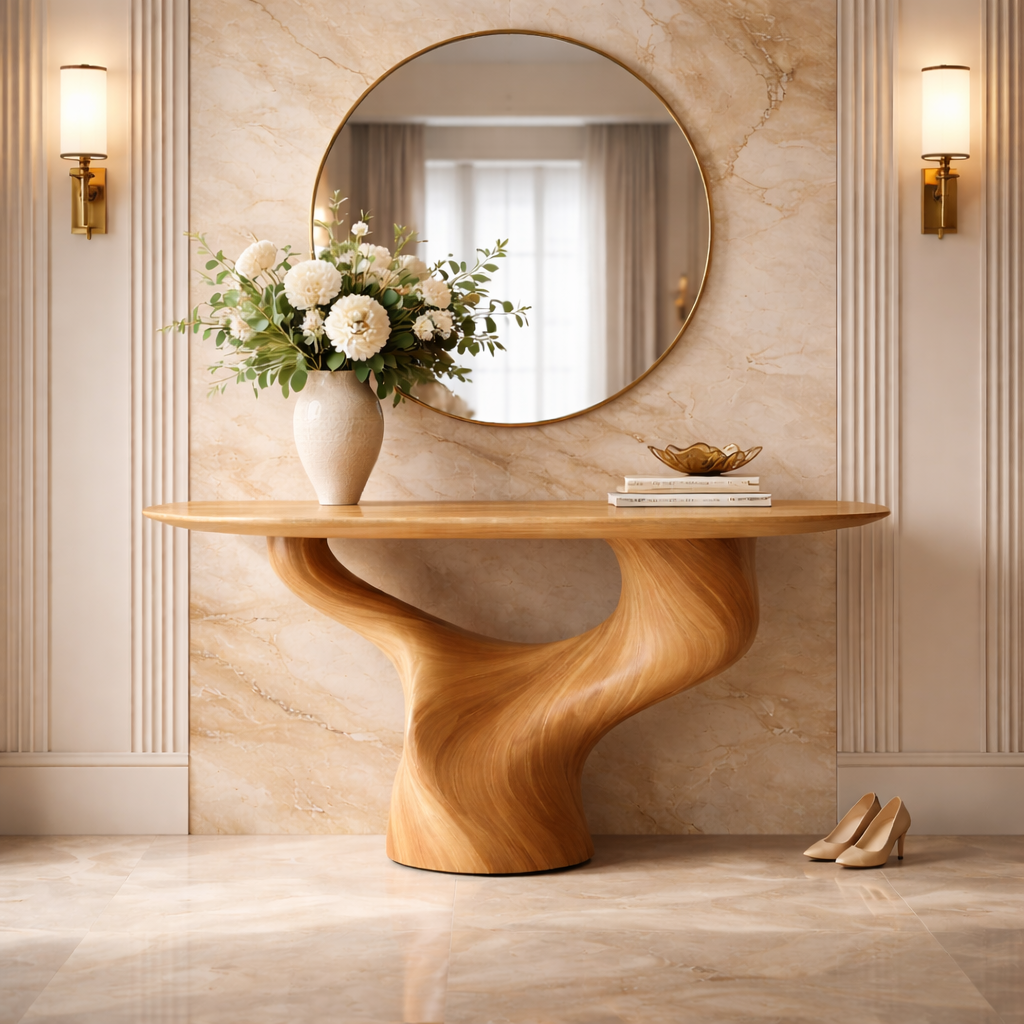 Modern Sculptural Solid Wood Console Table with Curved Base for Entryway
