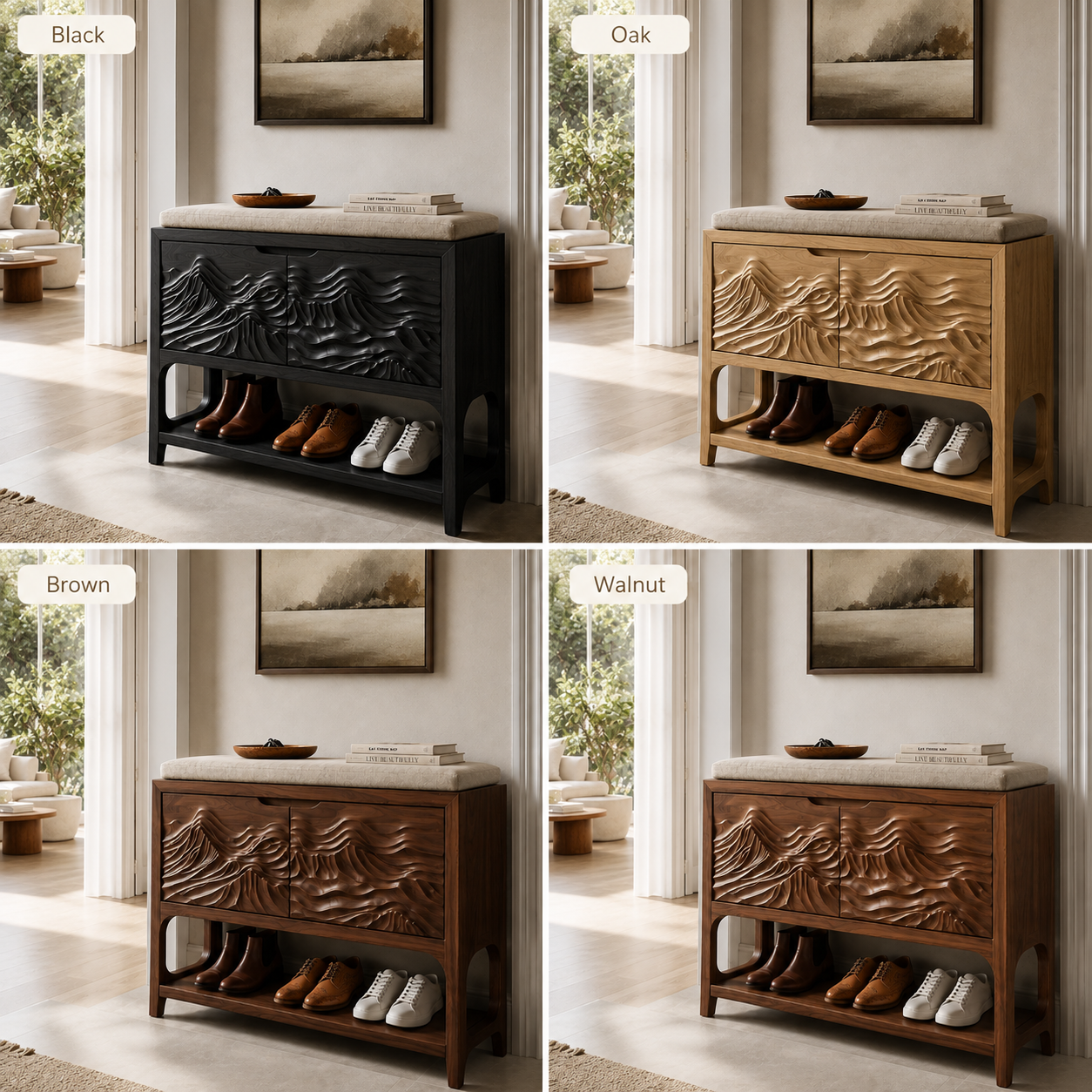 Carved Wave Entryway Shoe Bench