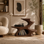 Modern Sculptural Wooden Side Table – Solid Wood Accent Table with Magazine Storage for Living Room
