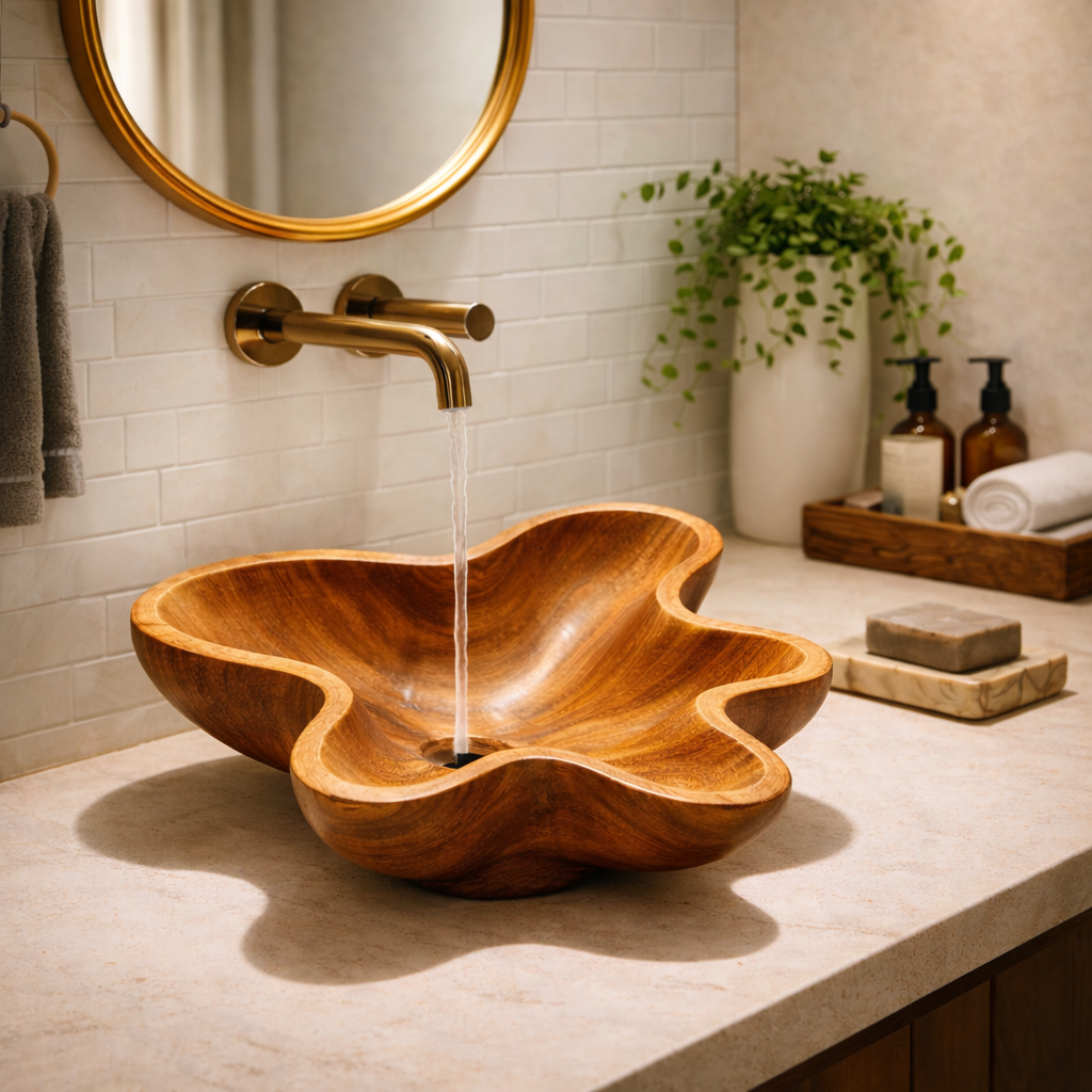 Wooden Floral Sink Basin - Handcrafted Natural Bathroom Sink