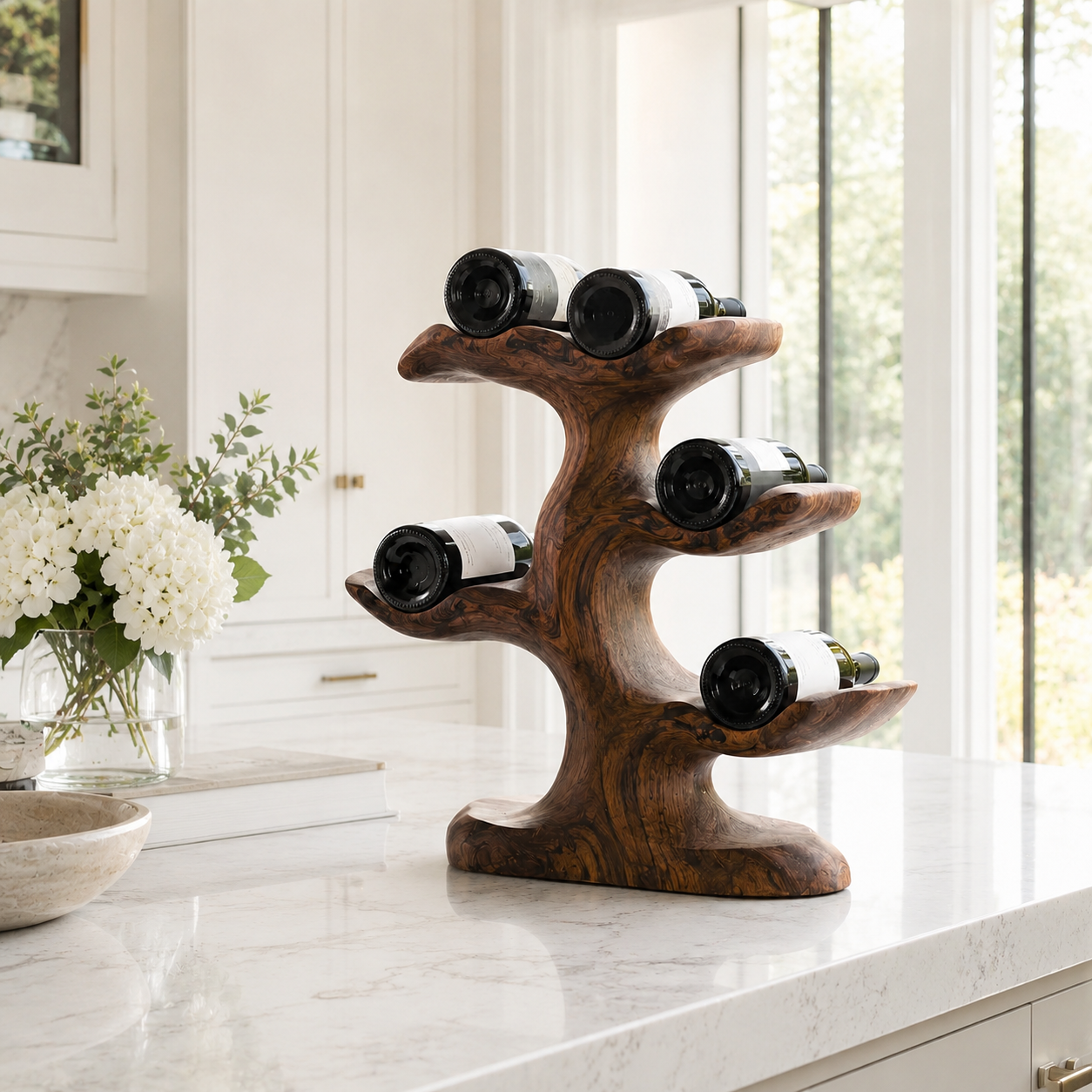 Tree Branch Wood Wine Rack – Solid Wood Bottle Display Stand for Dining Room Decor