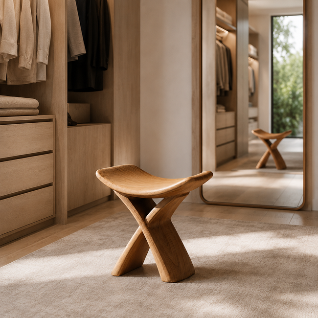 Sculptural Wood Stool – Solid Wood Accent Seat for Bathroom and Home Decor Main Image