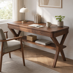 Solid Wood Writing Desk – Wooden Office Desk with Lower Storage Shelf for Home Office Decor