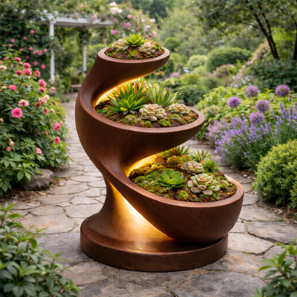 Spiral Plant Stand – Handcrafted Wooden Stand for Outdoor Garden
