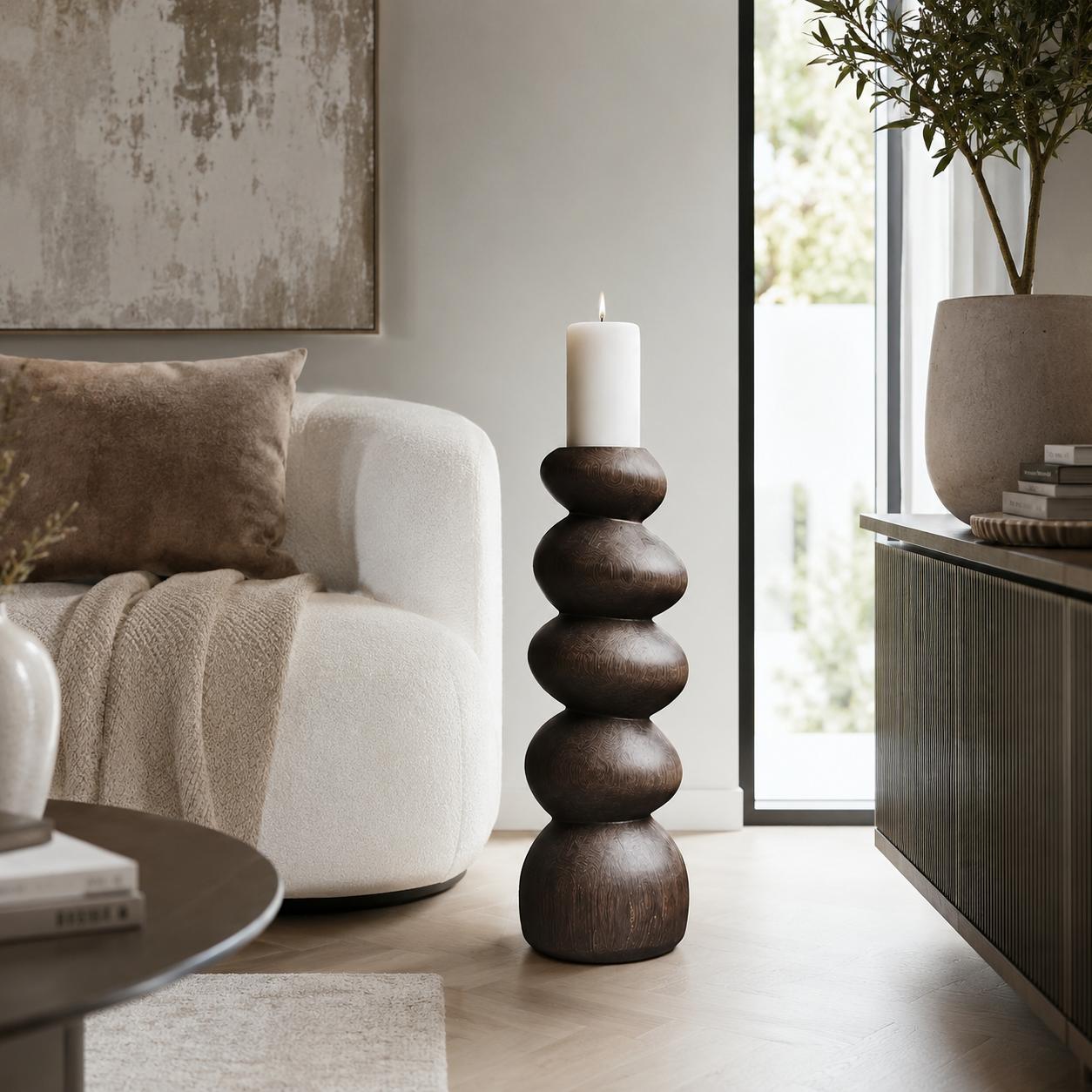 Stacked Wood Candle Holder – Solid Wood Sculptural Candle Stand for Living Room Decor