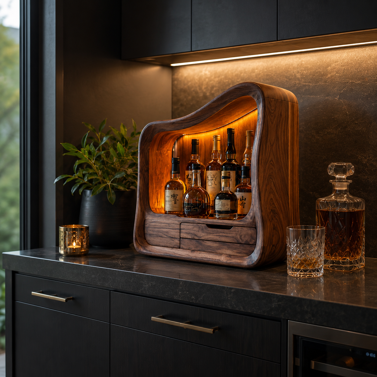 Sculptural Wood Display Cabinet – Solid Wood Lighted Storage Cabinet for Living Room Decor