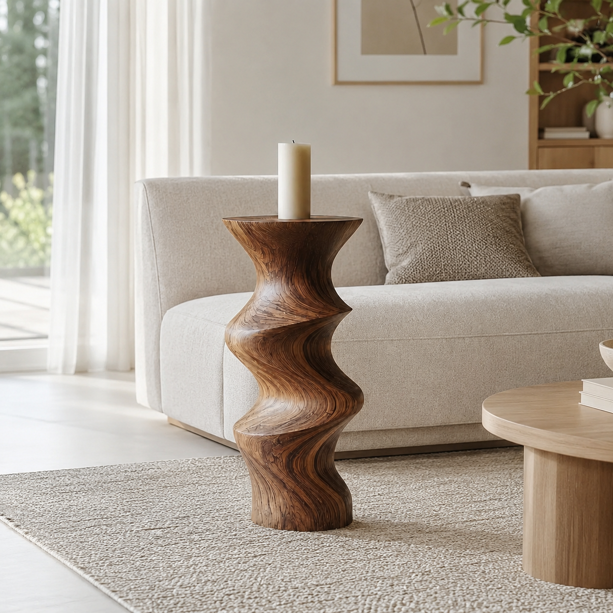 Twisted Wood Candle Holder – Solid Wood Sculptural Candle Stand for Living Room Decor