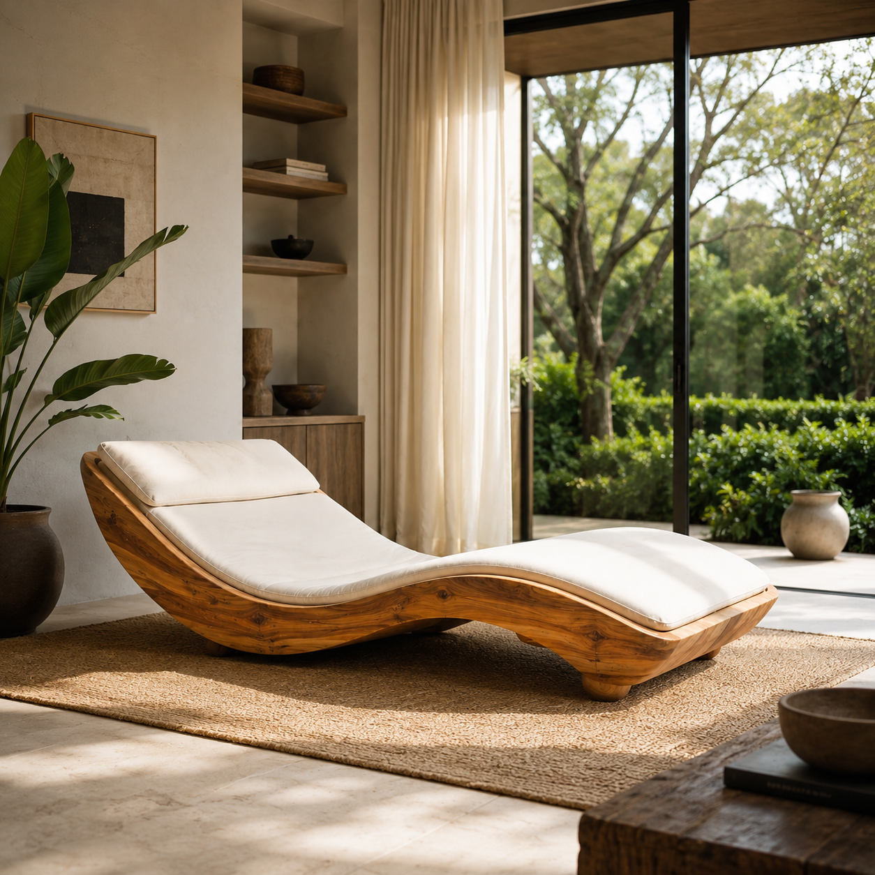 Curved Wood Chaise Lounge – Solid Wood Lounge Chair with Cushion for Living Room Decor