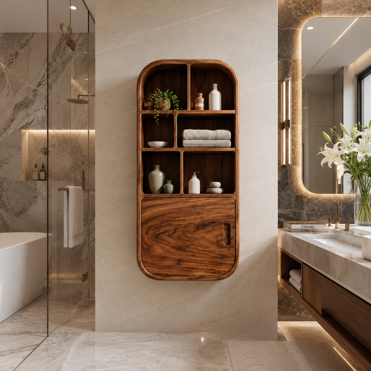 Rounded Wood Bathroom Cabinet – Solid Wood Wall Mounted Storage Cabinet for Bathroom Decor
