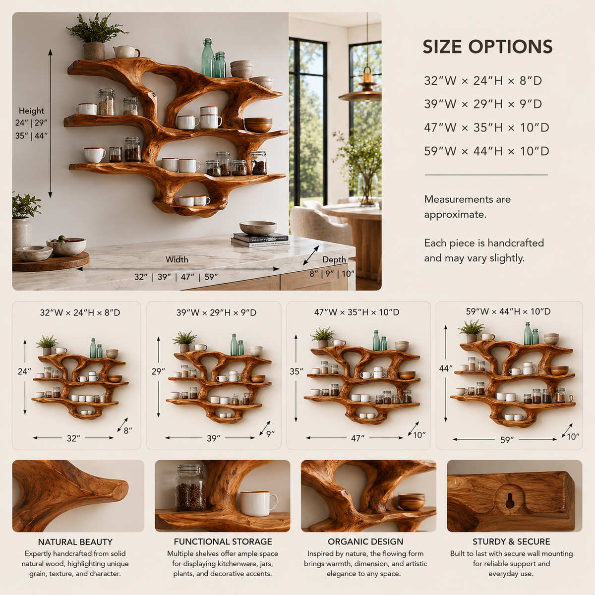 Wall-Mounted Kitchen Shelf – Solid Wood Organizer Shelf for Kitchen Decor