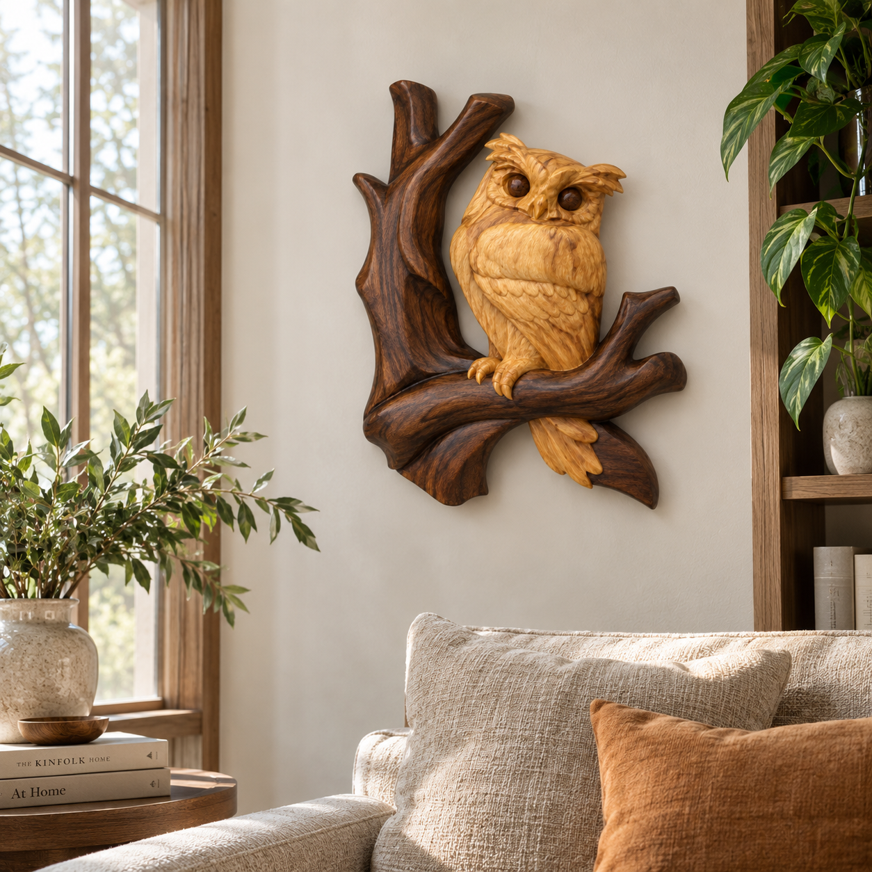 Carved Owl on Branch Wood Wall Art