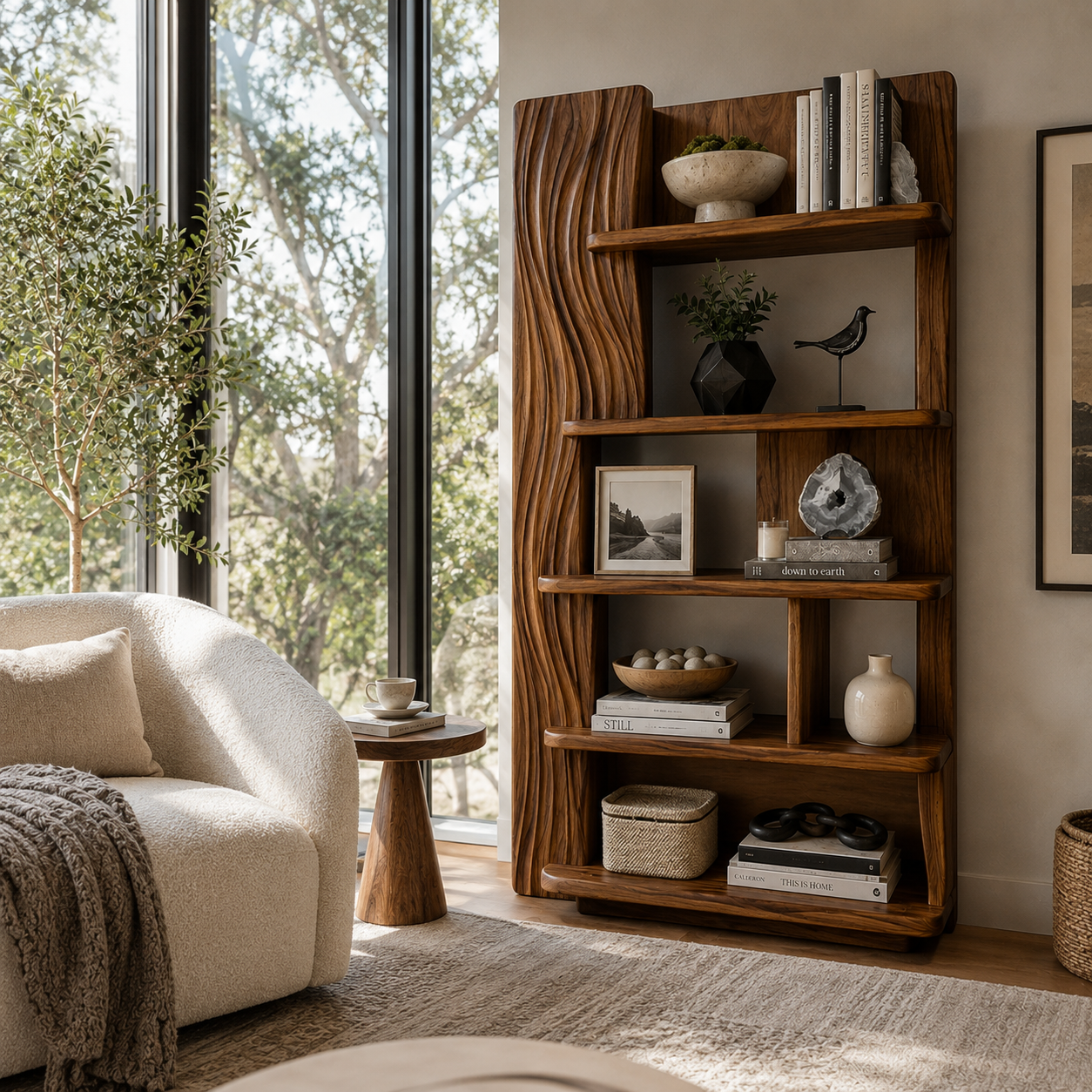 Sculptural Ripple Wood Bookshelf